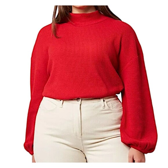 Ava + Viv Red Mock Neck Waffle Knit Balloon Sleeve Top Plus Size 1X - Picture 1 of 8